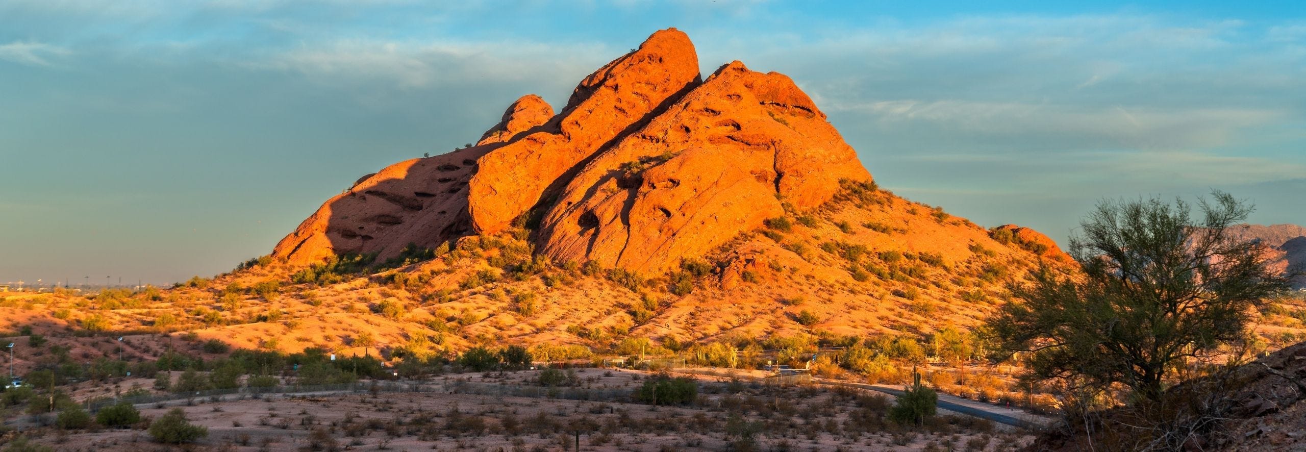 Camelback Mountain in Scottsdale, Arizona glowing at sunrise in the Sonoran Desert