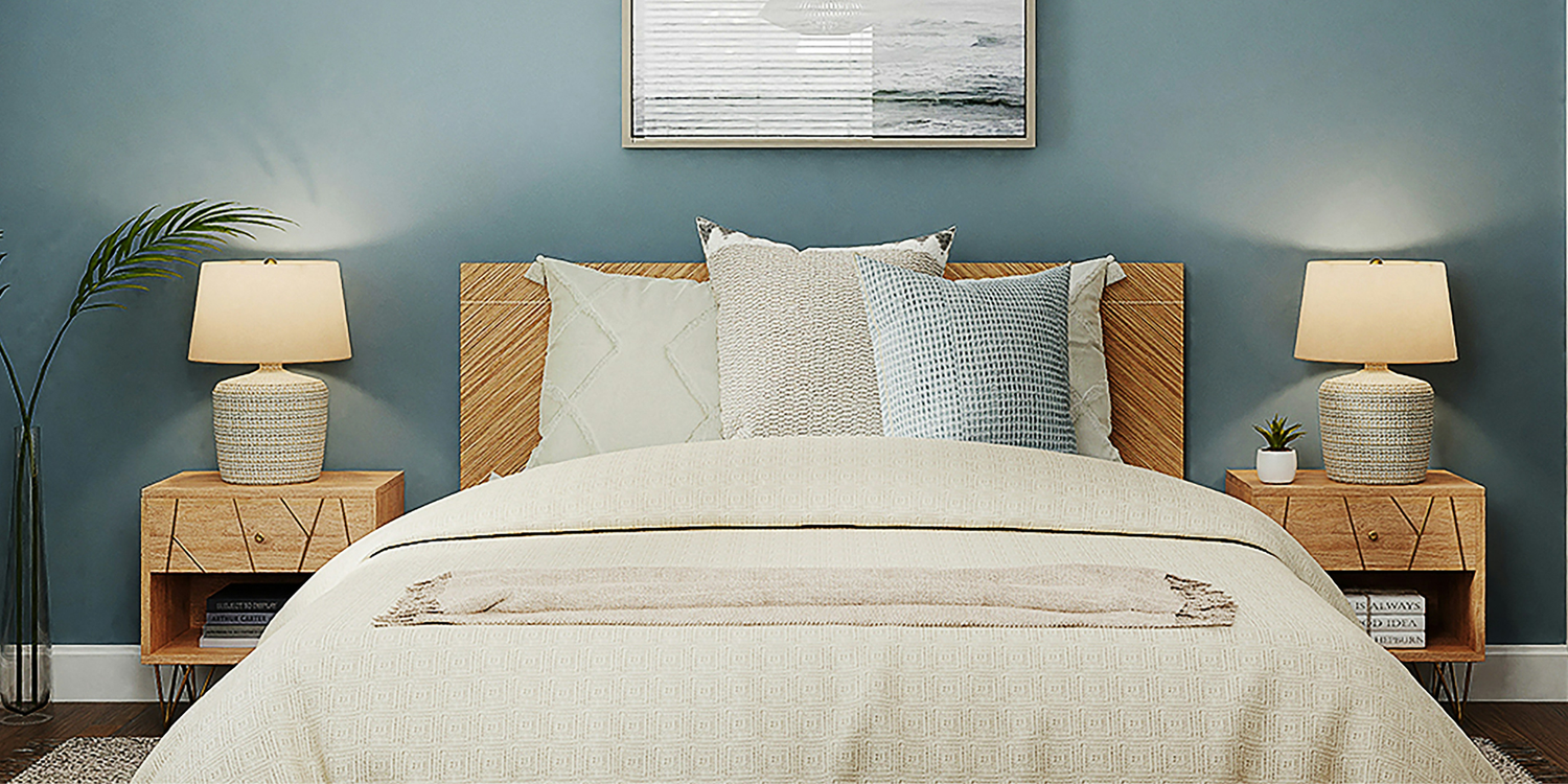 Bed in the Feng shui command position with nightstands on either side
