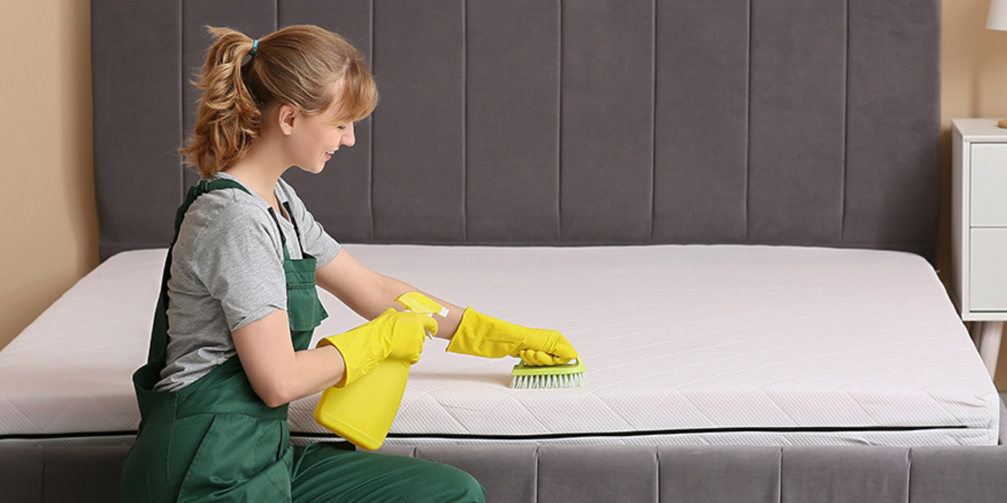 woman with gloves cleaning mattress