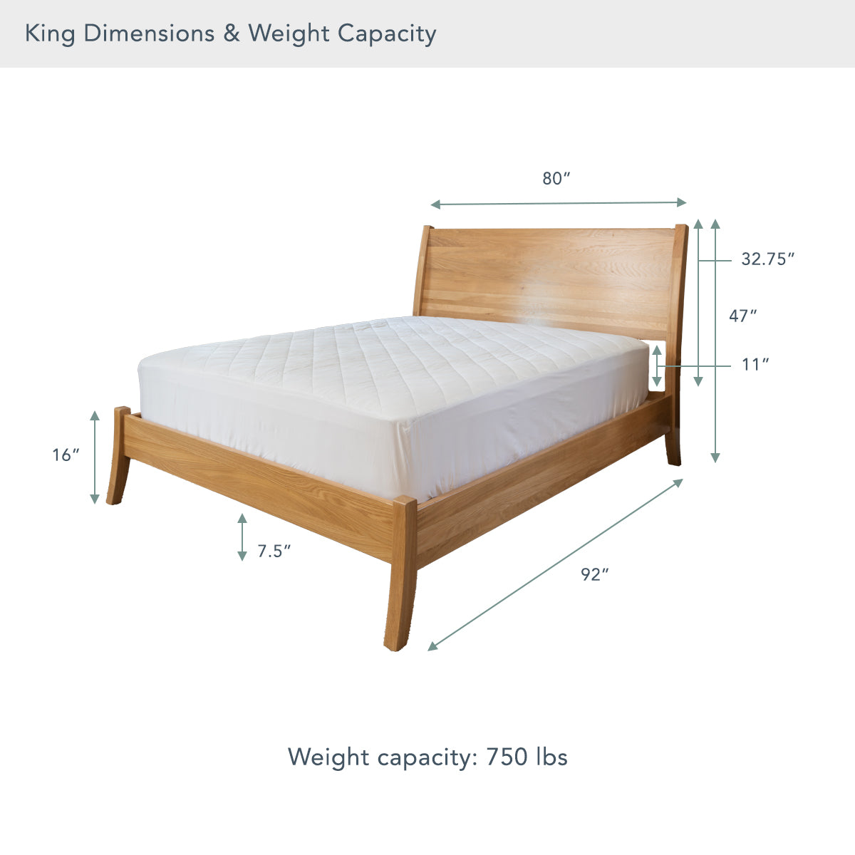 Wooden bed frame with mattress dimensions and weight capacity on a white background #size_king