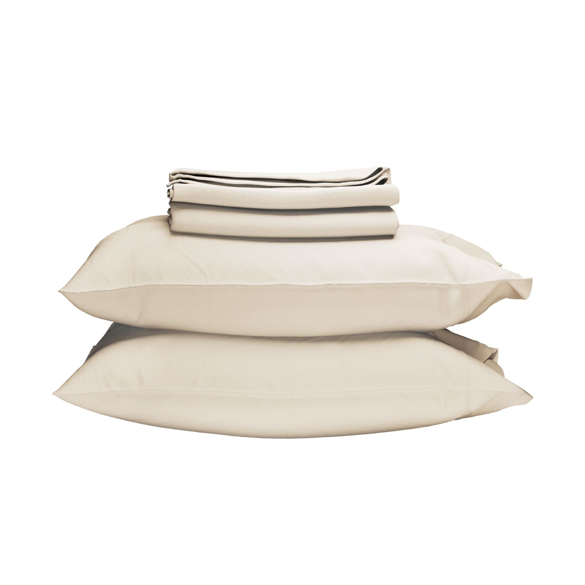 Beige bedding set including pillows and a folded sheet on a white background #color_cream