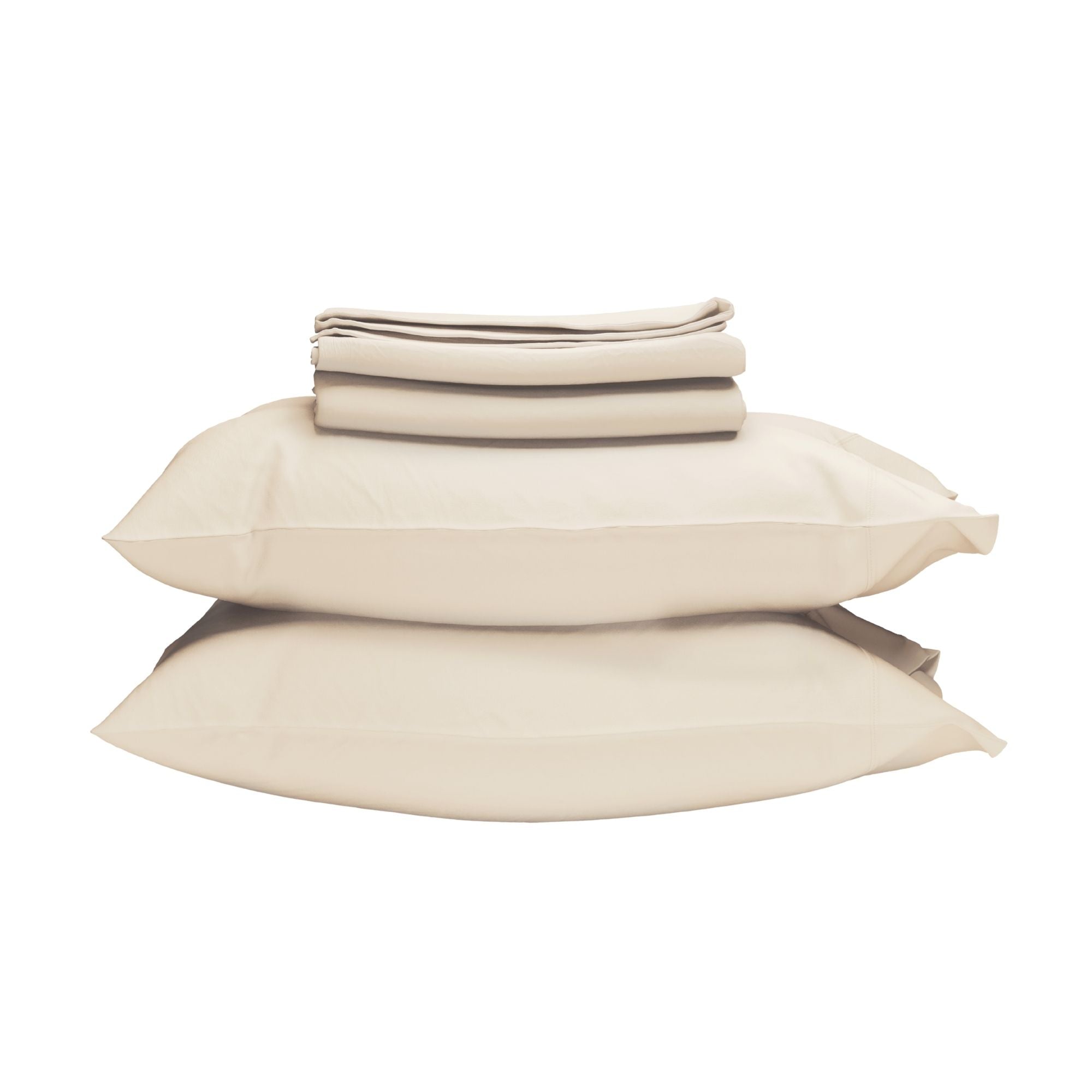 Beige bed sheets and pillowcases set on a white background #color_undyed