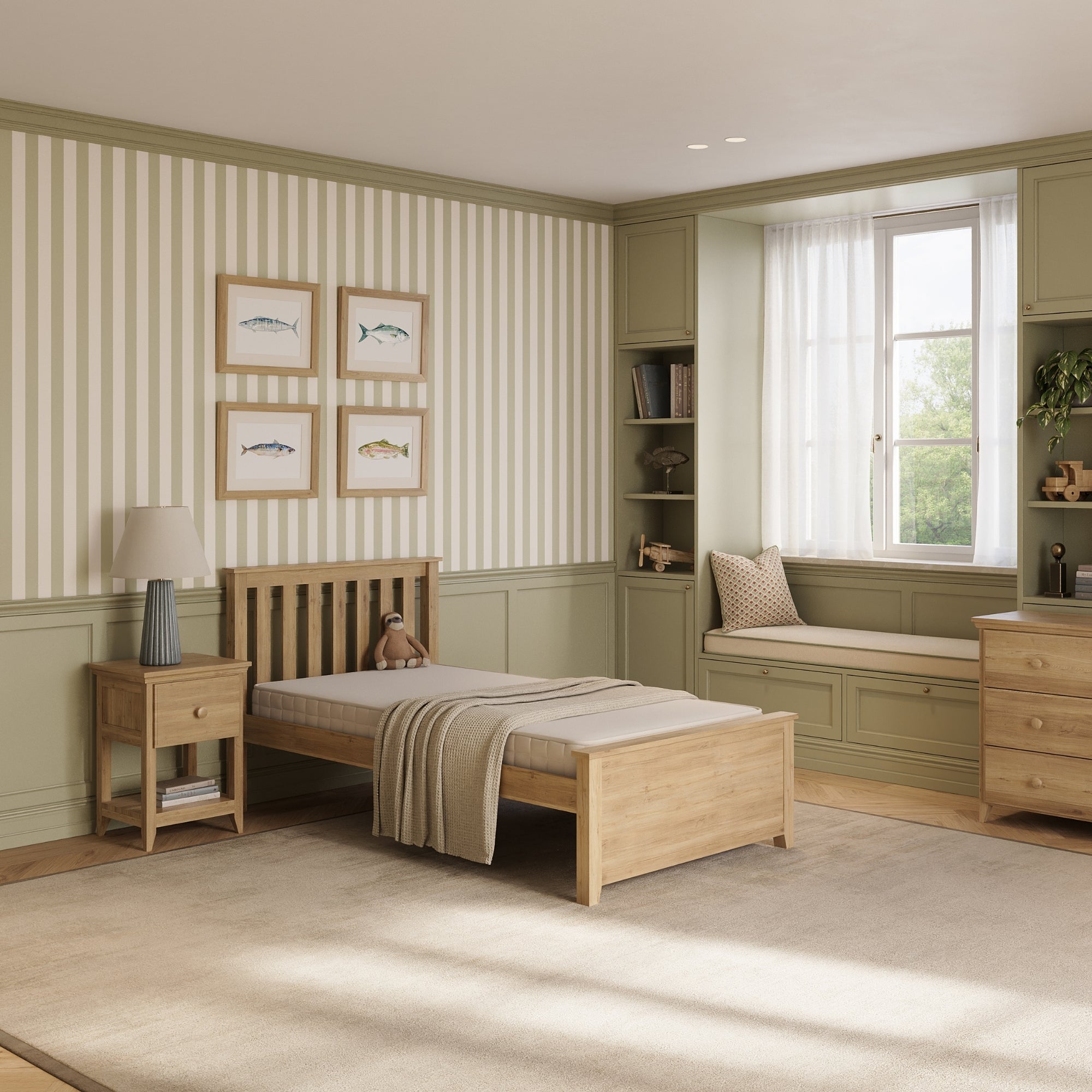 A styled children's bedroom with a single bed, sage green trim, cream and white striped wallpaper, and a window with sheer curtains. #size_twin platform #color_natural