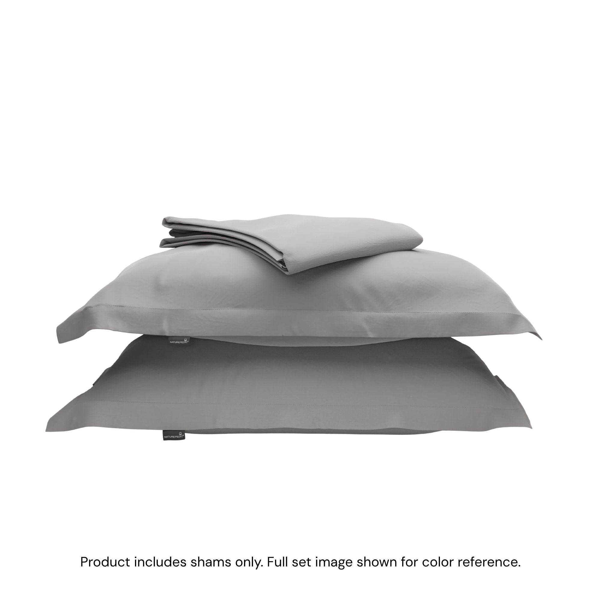 A duvet cover folded on top of two pillow shams #color_pebble grey