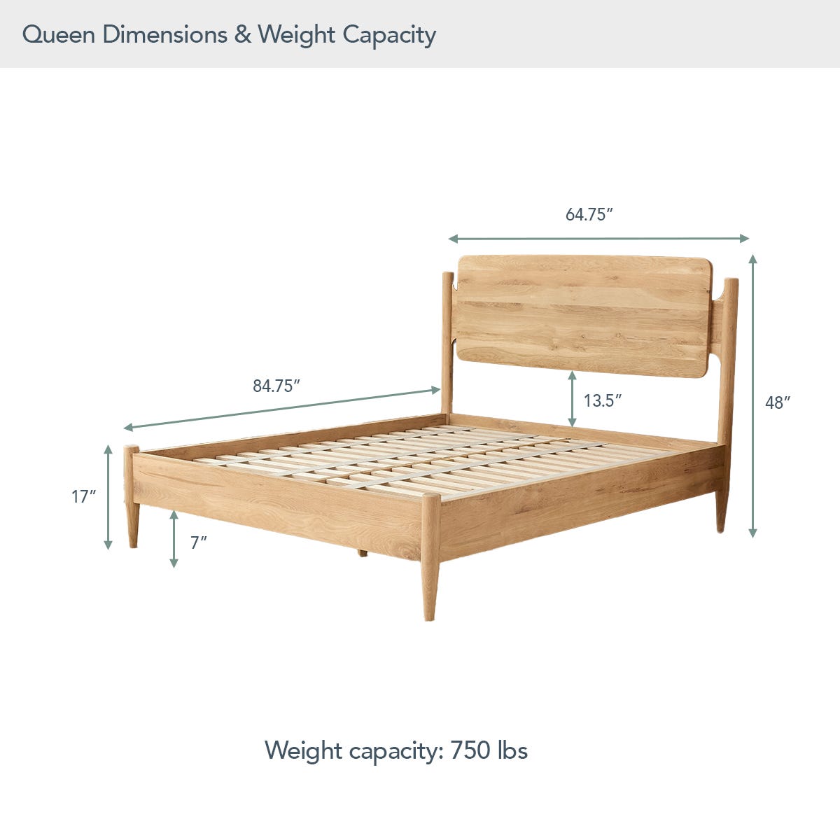 Wooden bed frame with dimensions and weight capacity on a white background #size_queen