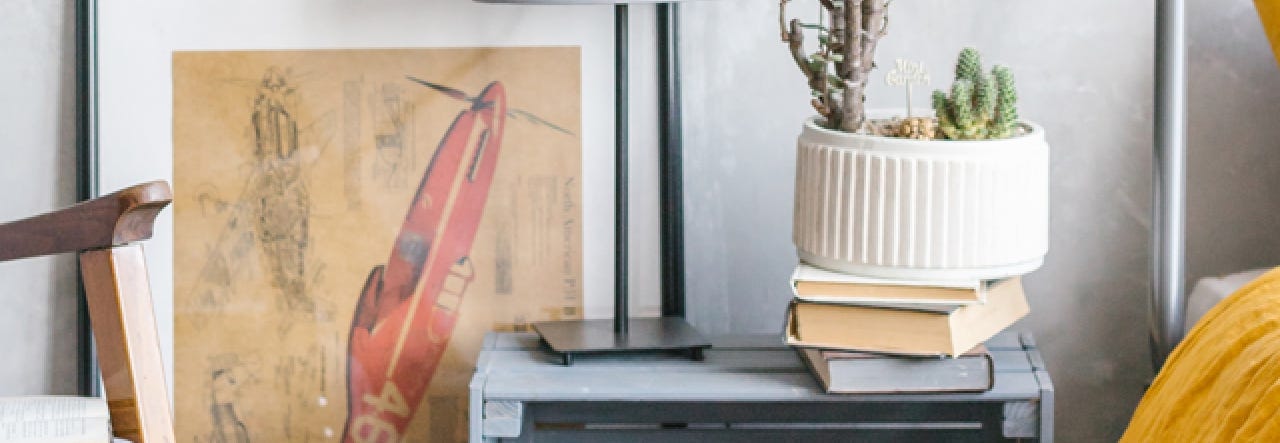nightstand with lamp, books, and plant