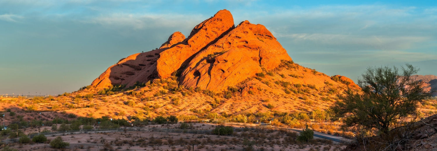 Camelback Mountain in Scottsdale, Arizona glowing at sunrise in the Sonoran Desert