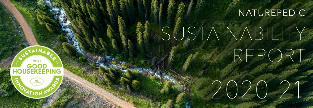 Overhead image of forest and stream, Good Housekeeping Sustainable Innovation Award emblem