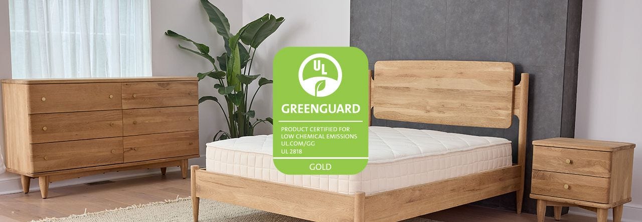 natural bedroom with greenguard gold certification seal overlay