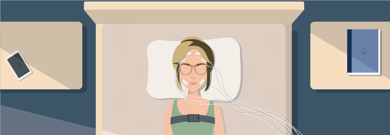 graphic of a woman hooked up to electrodes in bed for a sleep study