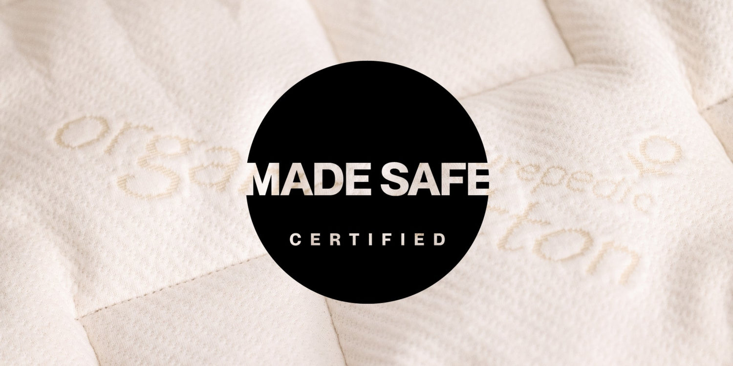 quilted mattress surface with "made safe certified" logo overlaid