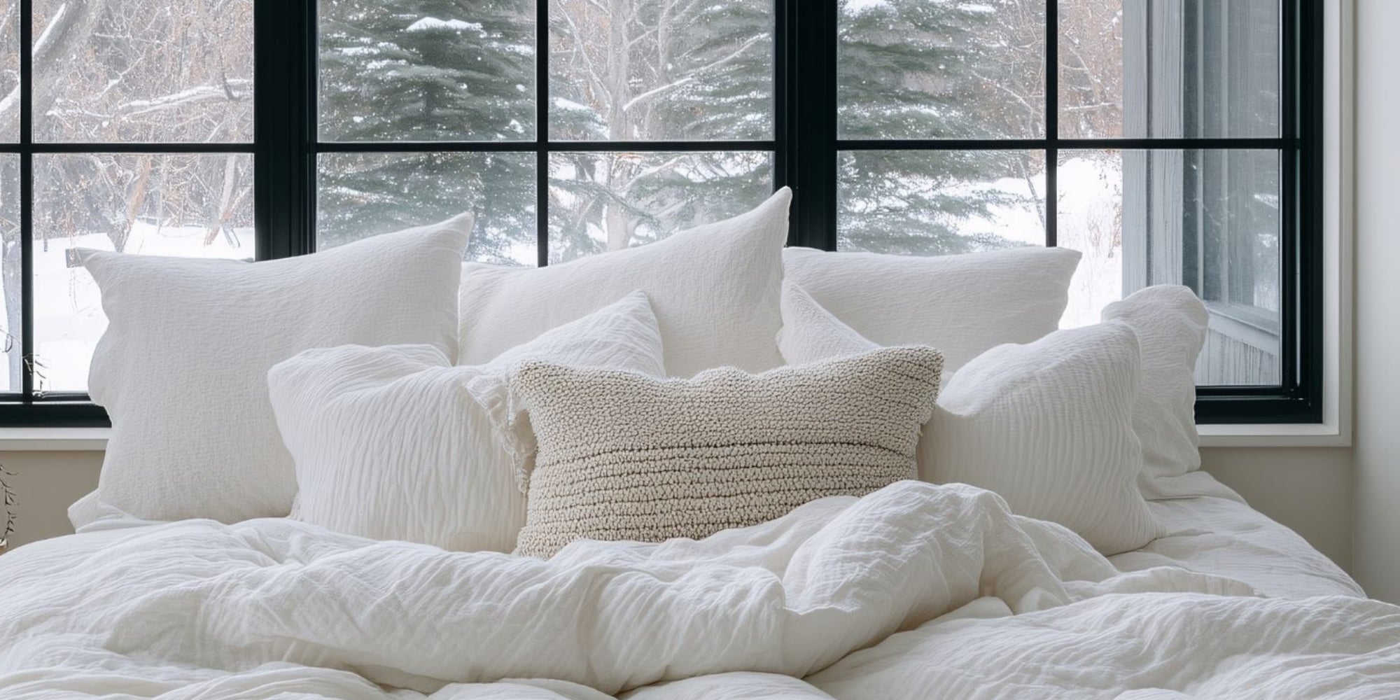peaceful bedroom with white bedding in winter 