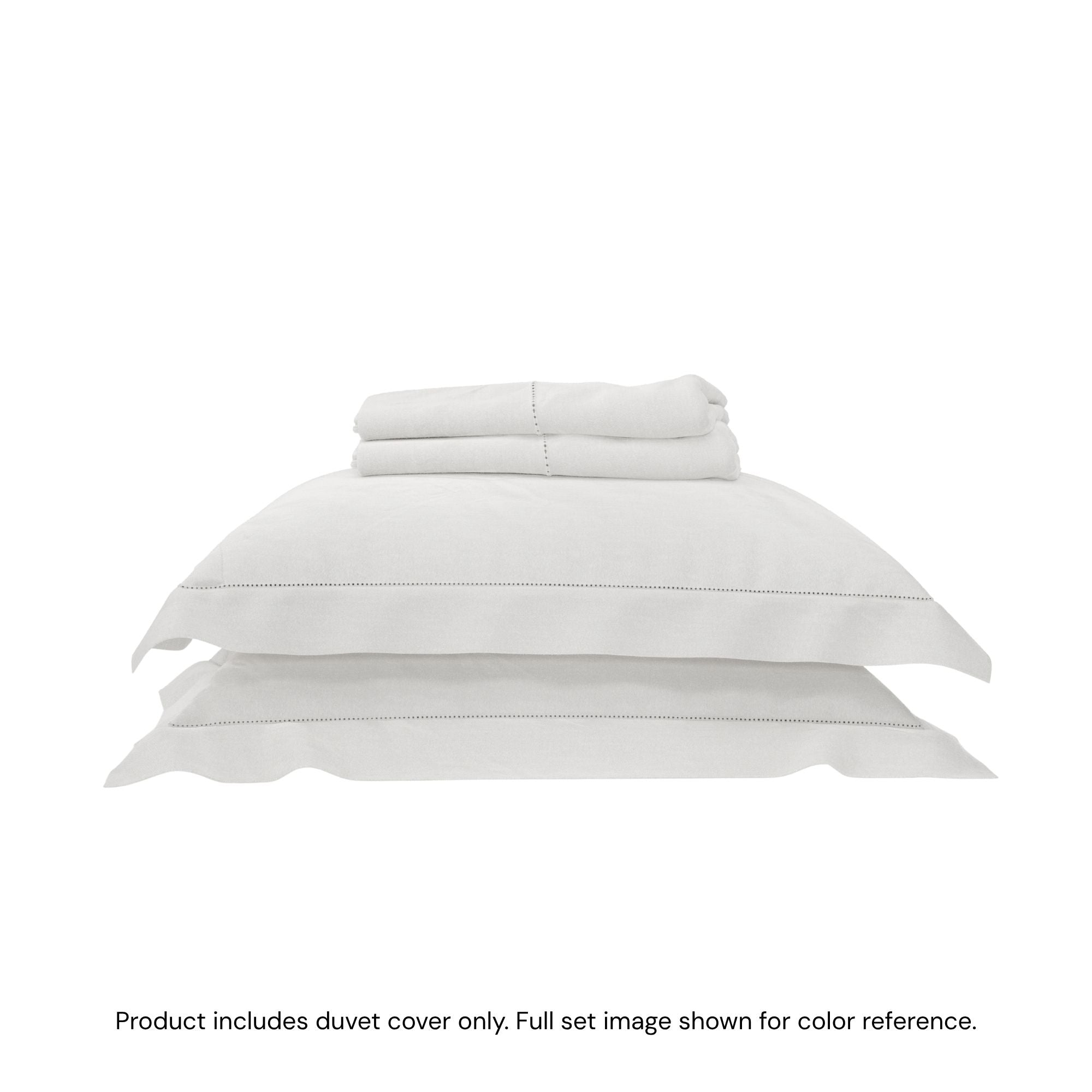 A duvet cover folded on top of two pillow shams #color_arctic snow