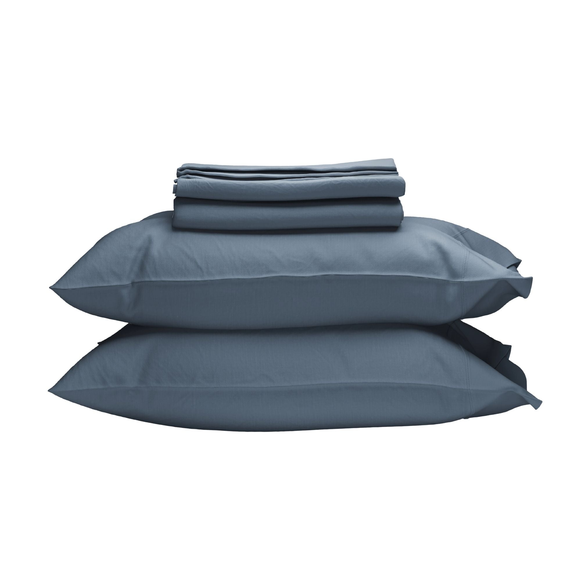 Set of blue bed sheets and pillowcases on a white background #color_mineral blue