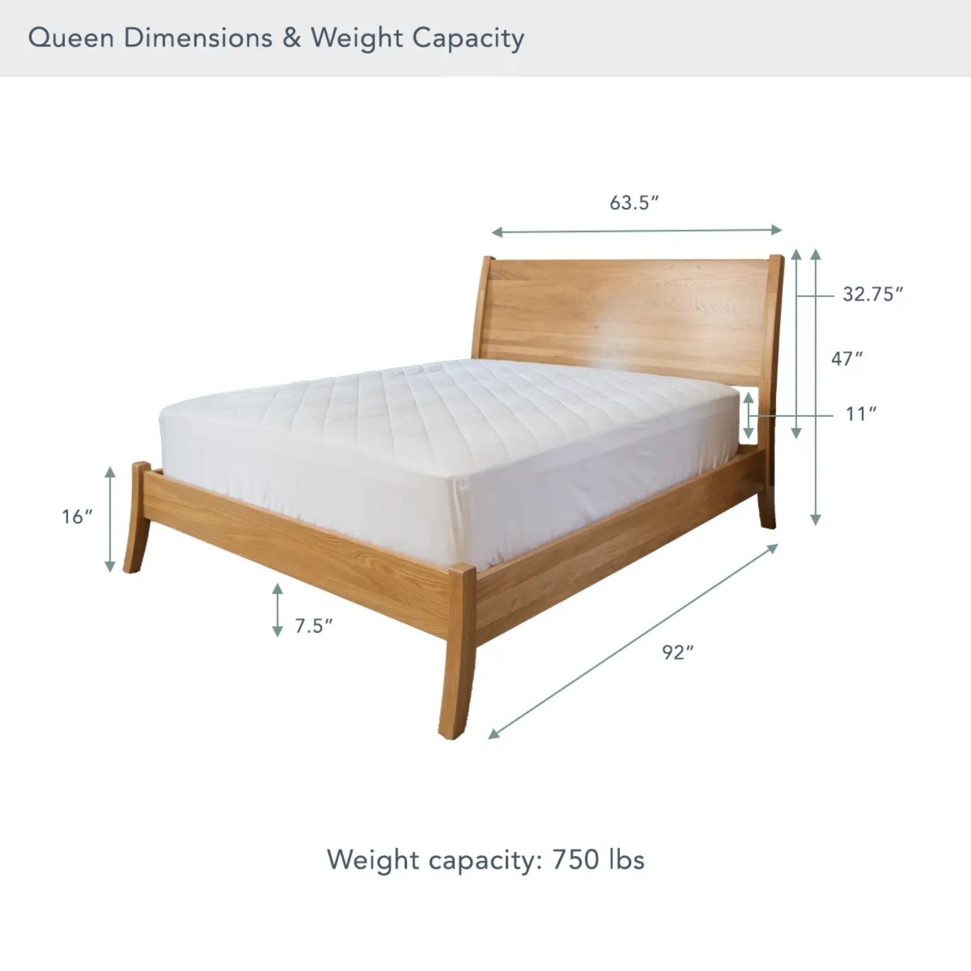 Wooden bed frame with mattress dimensions and weight capacity on a white background #size_queen