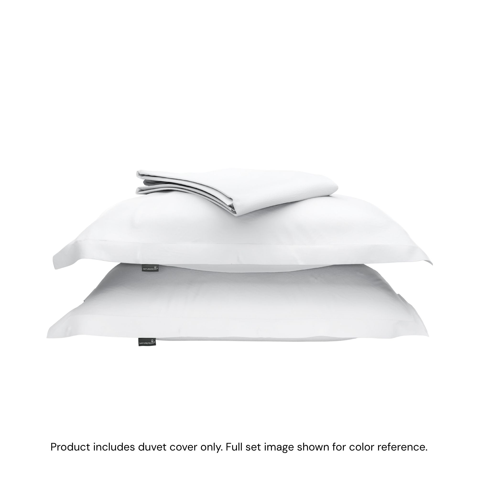 A folded duvet cover on top of two shams against a white background #color_arctic snow
