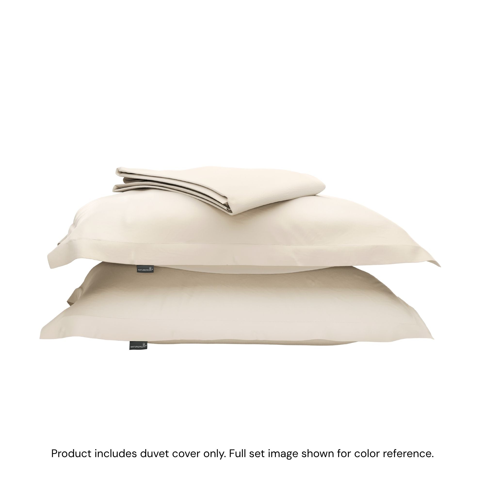 A folded duvet cover on top of two shams against a white background #color_cream