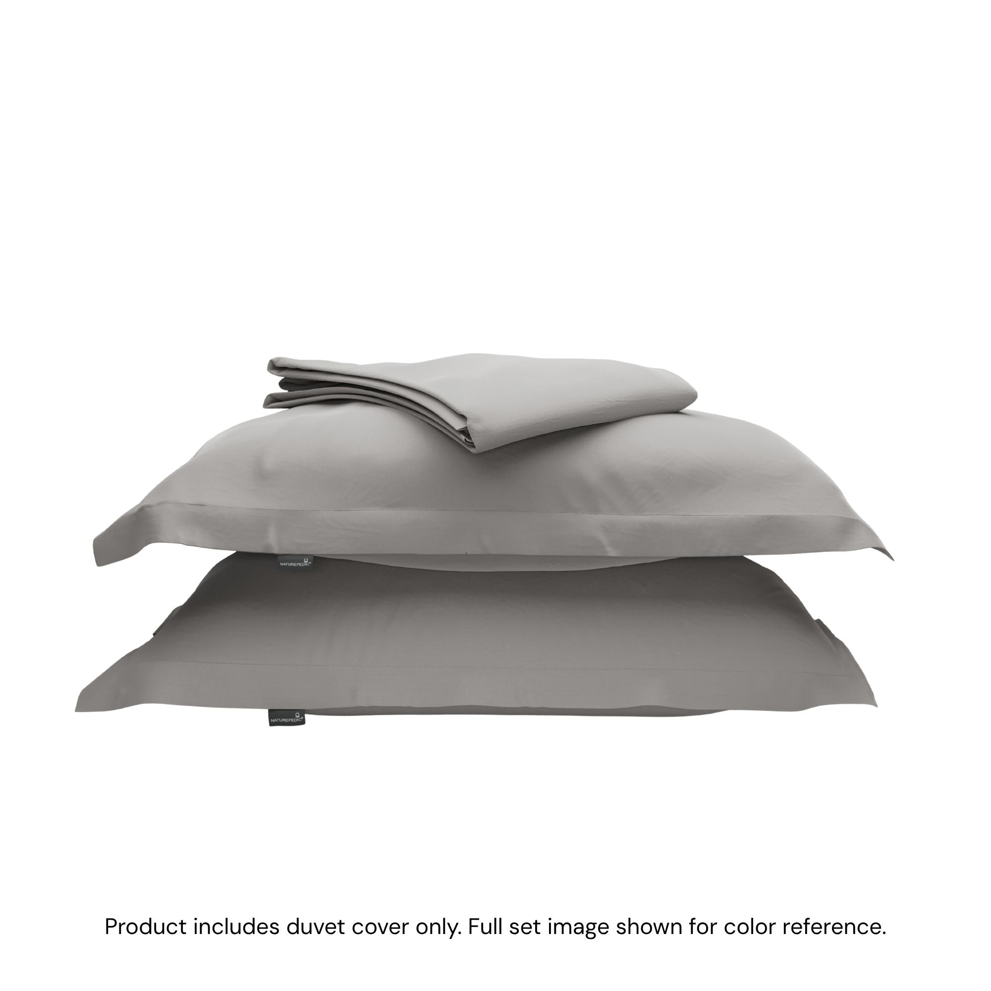 A folded duvet cover on top of two shams against a white background #color_pebble grey