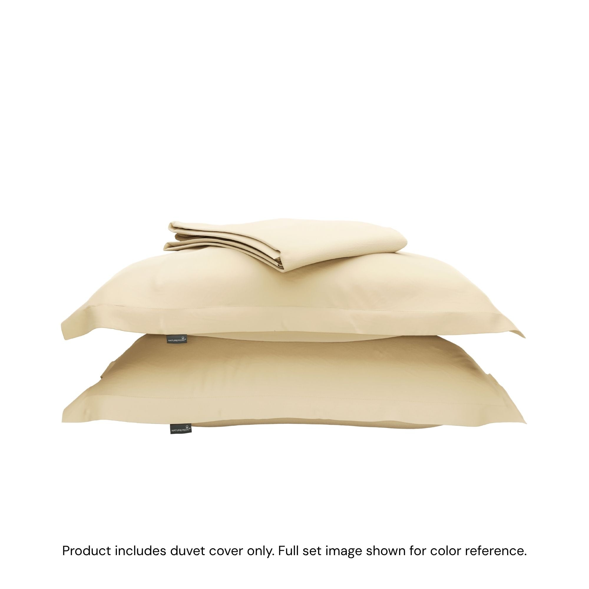 A folded duvet cover on top of two shams against a white background #color_sunny