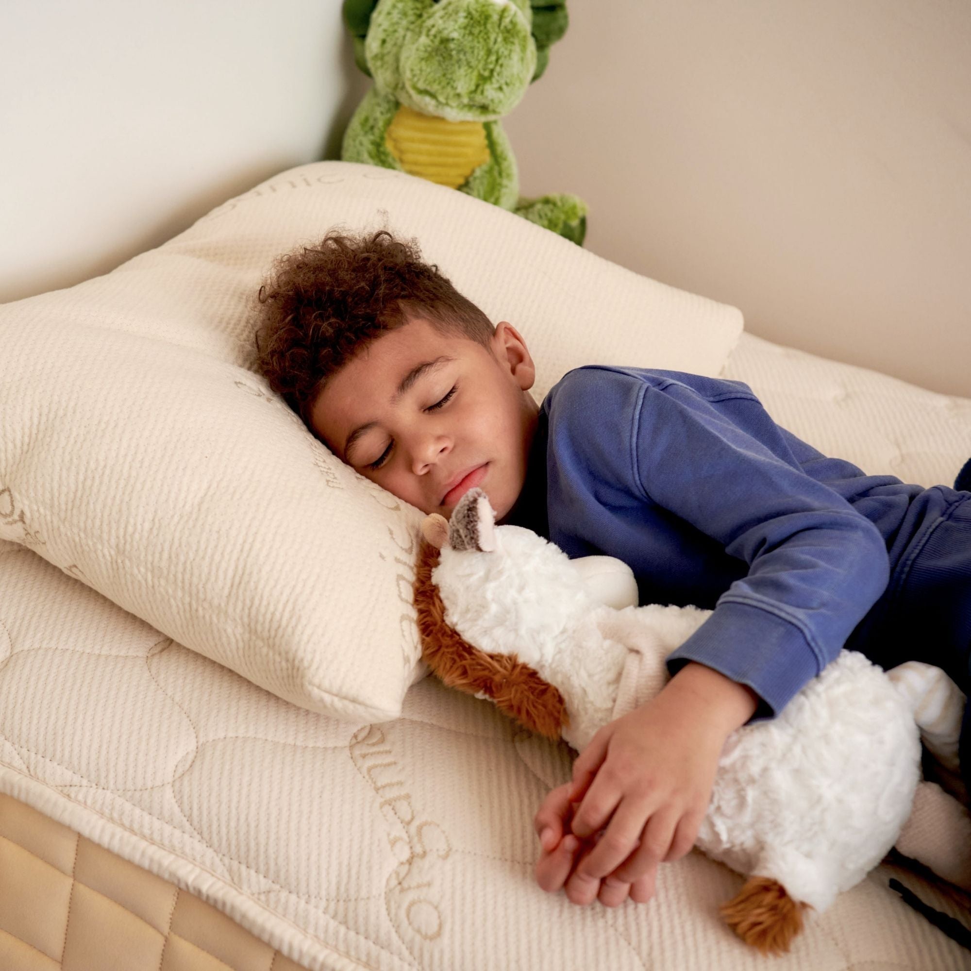 Child sleeping on a bed with a plush toy, surrounded by soft bedding.