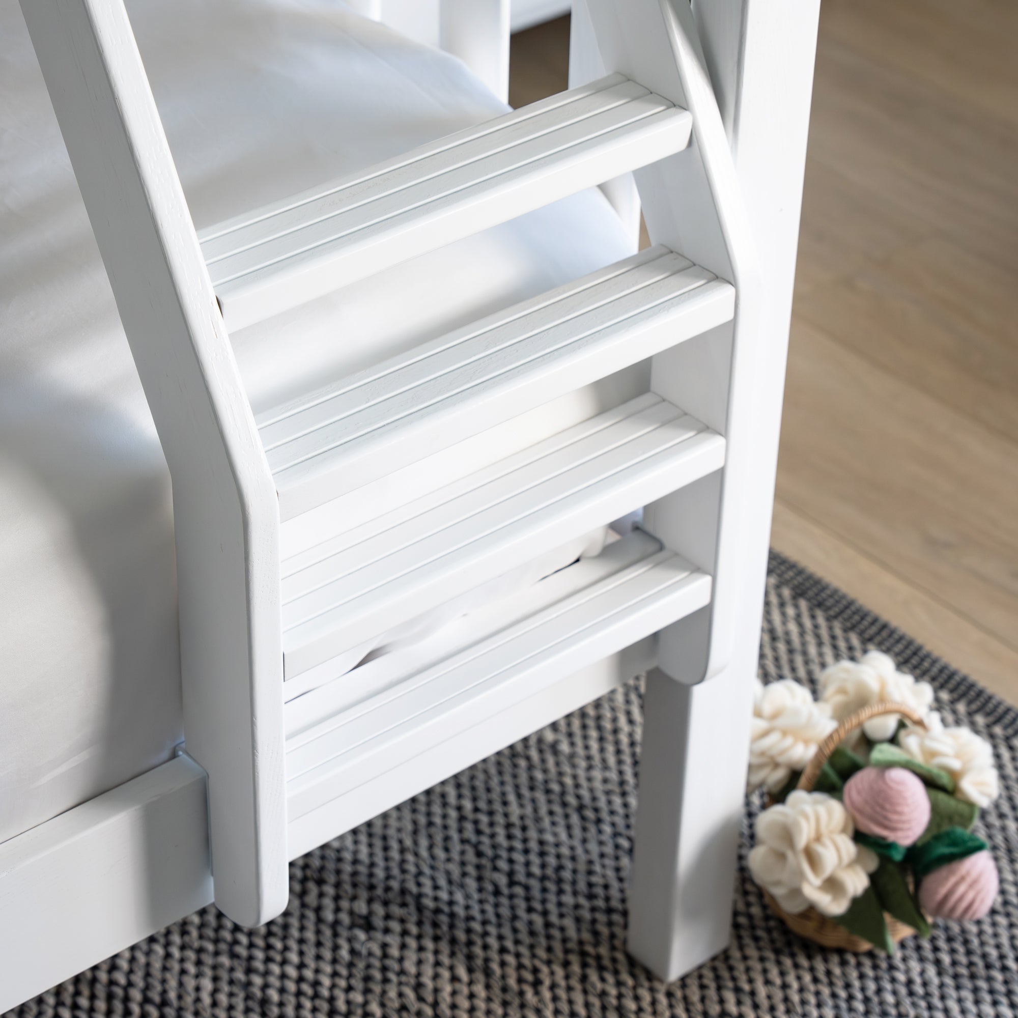 White wooden step ladder on a textured rug. #color_washed white  #size_Twin/Full Bunk 