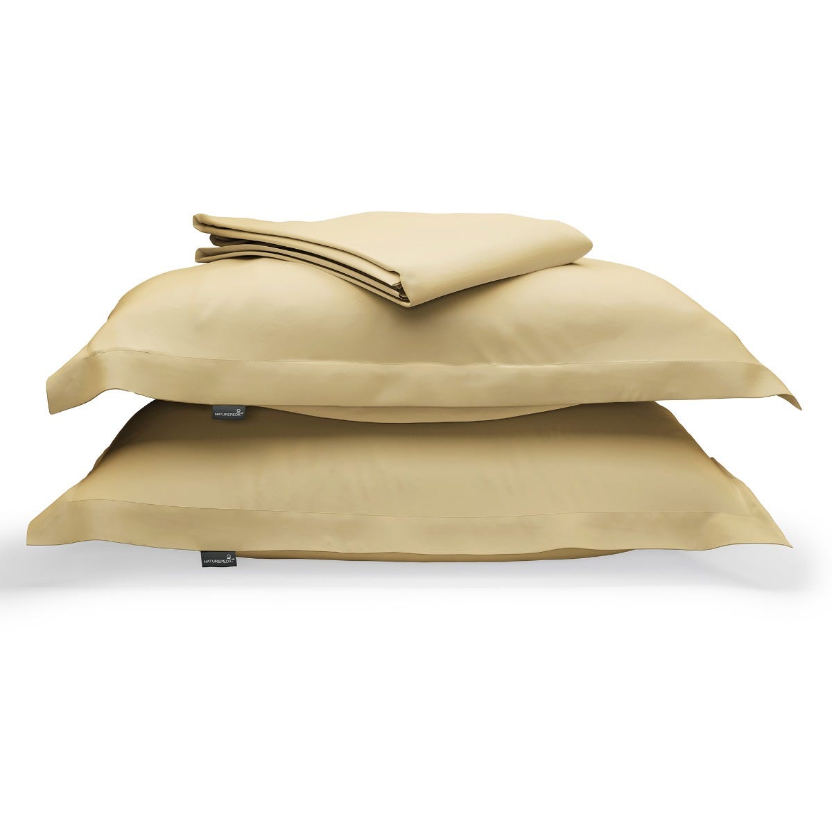 Yellow duvet cover folded on top of two matching shams against a white background #color_sunny