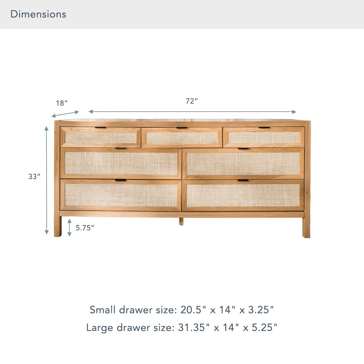 Wooden dresser with dimensions labeled on a white background