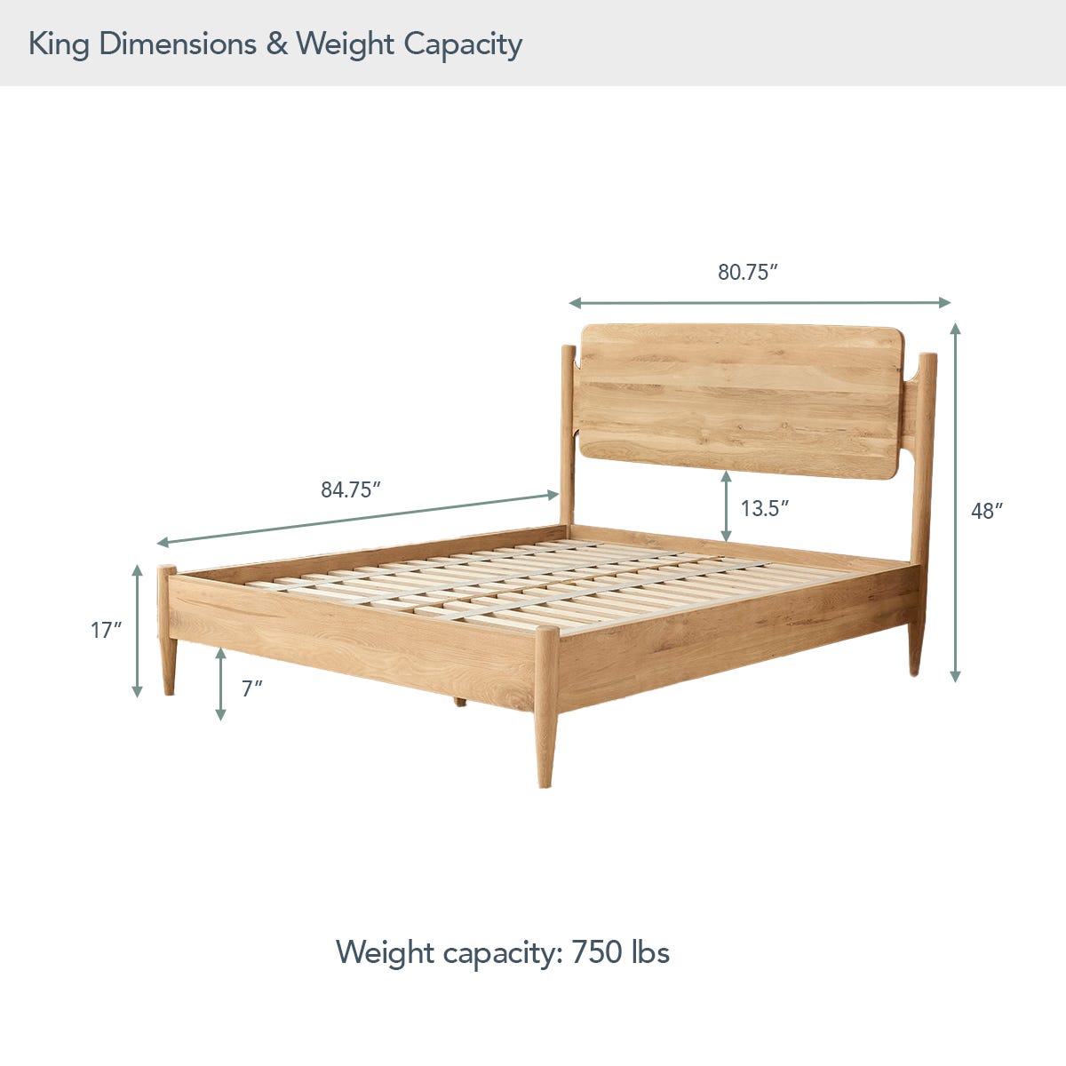 Wooden bed frame with dimensions and weight capacity on a white background #size_king