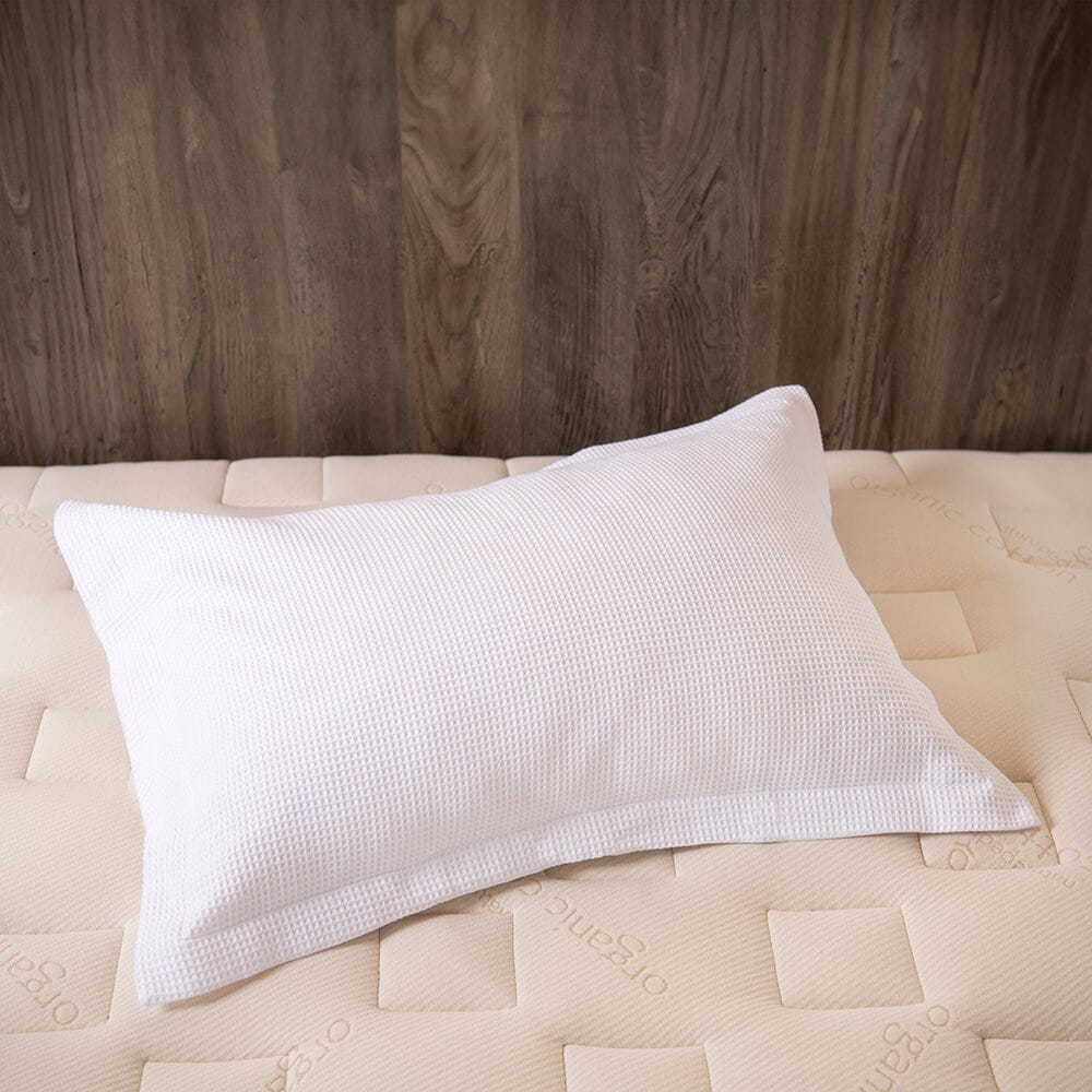 White pillow on a beige bed with a wooden headboard #color_arctic snow