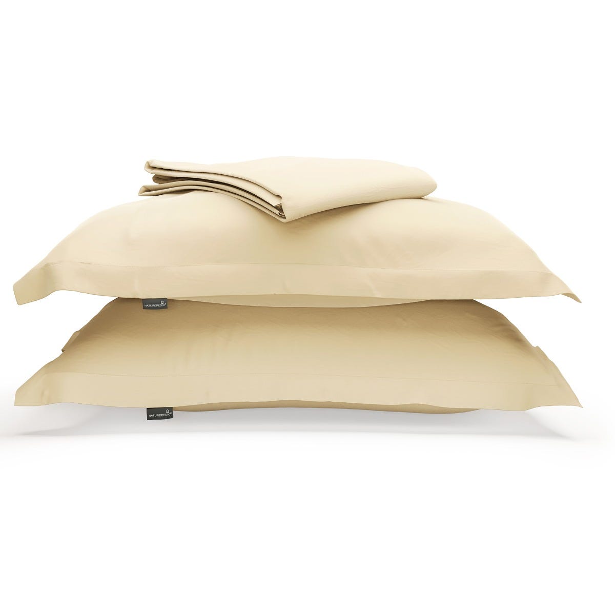 A duvet cover folded on top of two pillow shams against a white background #color_sunny